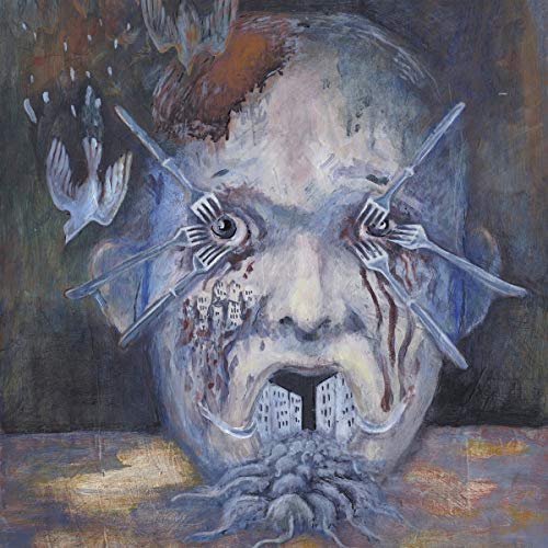 Surreal painting of a face with forks in its eyes and buildings in its mouth.