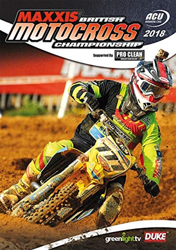 A motocross rider in neon gear racing on a dirt track, DVD cover art.
