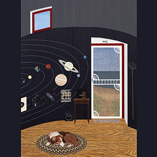 Illustration of a room with planets, a dog, and an open doorway.