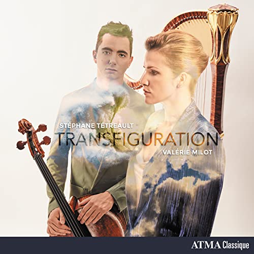 Cellist and harpist portraits with cloud imagery, album cover “Transfiguration”.