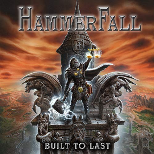 HammerFall album cover: knight with hammer, gargoyles, and castle tower.