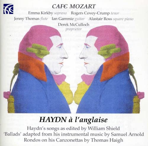 CD cover featuring two stylized portraits of Joseph Haydn in pink and blue.