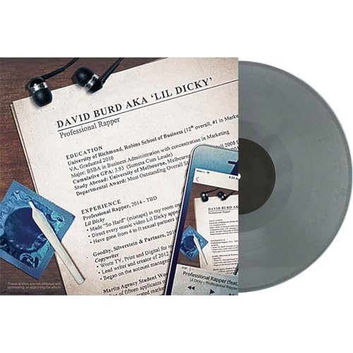 Lil Dicky's "Professional Rapper" vinyl record with resume and headphones.