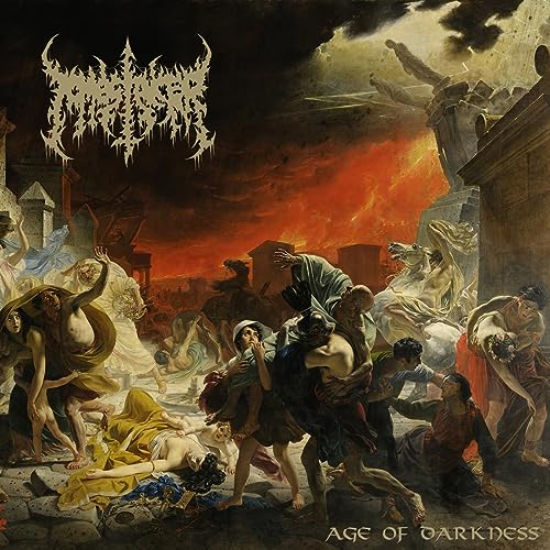 Painting of chaotic scene with figures amidst fire and crumbling architecture.