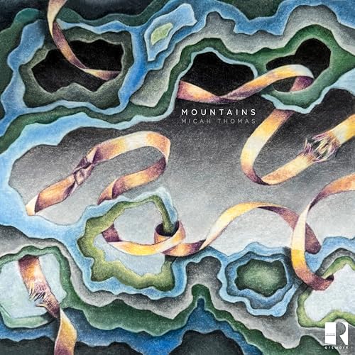 CD cover art: abstract watercolor painting of mountains and ribbons.