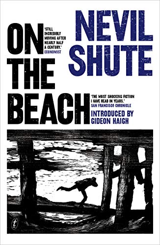 Book cover for “On the Beach” with a figure running on a pier.
