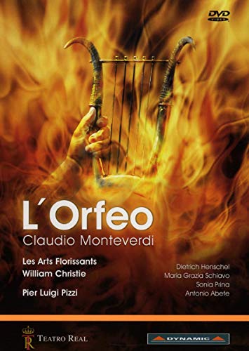 DVD cover for Monteverdi’s “L’Orfeo” featuring a hand with a golden lyre.