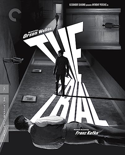 Black and white Blu-ray cover for “The Trial” featuring a man in a hallway.