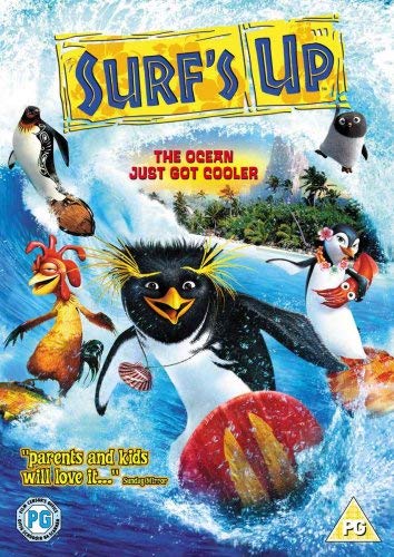 DVD cover for "Surf's Up" featuring cartoon penguins surfing waves.
