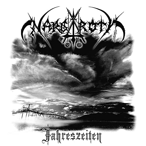 Black and white album cover for Nargaroth’s “Jahreszeiten” with stormy skies and landscape.