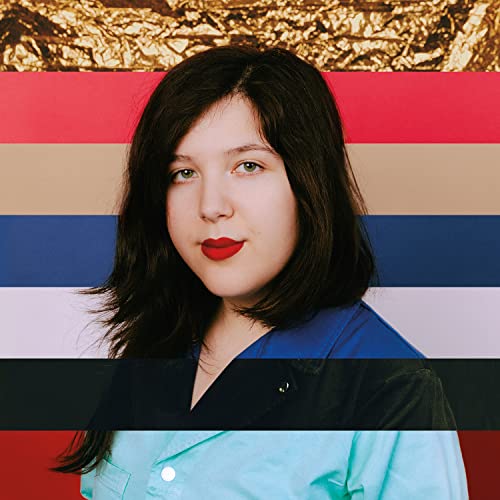 Lucy Dacus portrait with color block background, vinyl record cover art.
