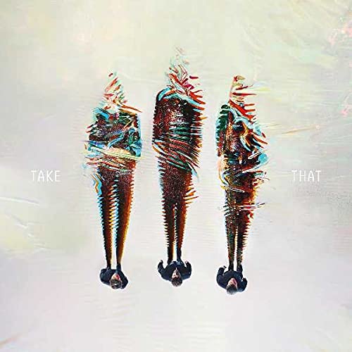Three abstract, colorful, elongated figures stand against a light, textured background.