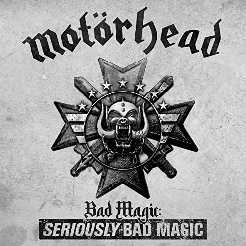 Motorhead “Bad Magic” album cover: skull within a starburst emblem.