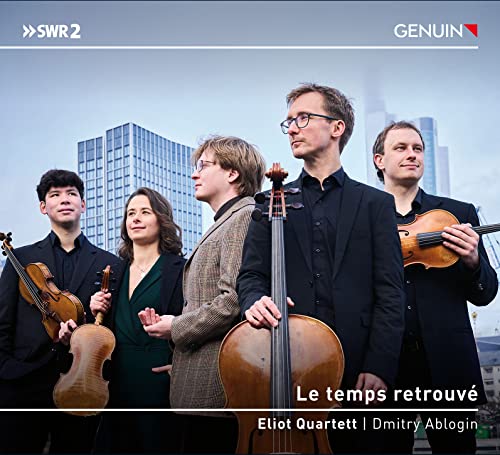 String quartet posing with instruments against a city backdrop.