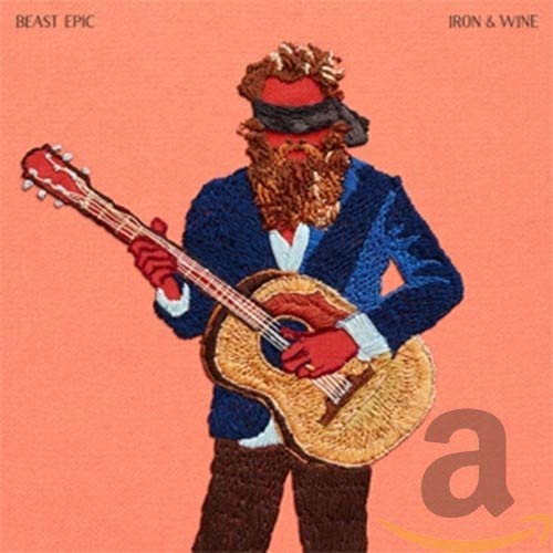 “Beast Epic” CD cover: embroidered man with guitar on red background.