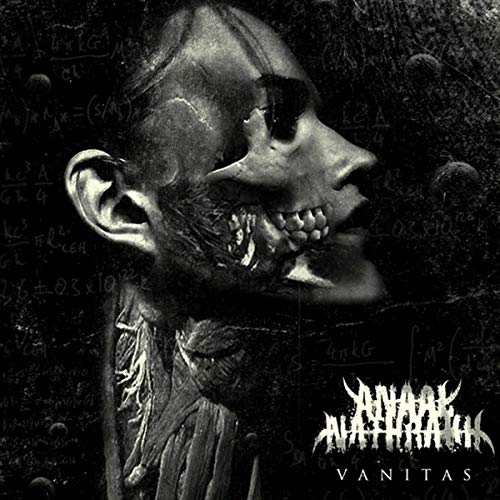 Dark, distorted portrait of a face with exposed teeth and equations.