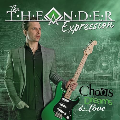 Man with green electric guitar, album cover for "The Theander Express".