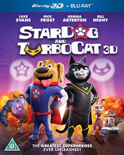 Stardog and Turbocat" Blu-ray cover featuring a dog and cat superhero duo.