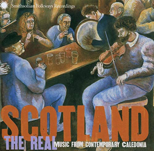 CD cover depicting musicians in a pub, with bold “Scotland” text.