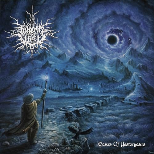 Dark fantasy album cover with a figure, mountains, and a swirling vortex.