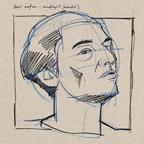 Sketch of a face in blue lines on a beige background.