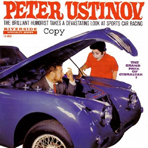 CD cover featuring Peter Ustinov with a blue sports car, open hood.