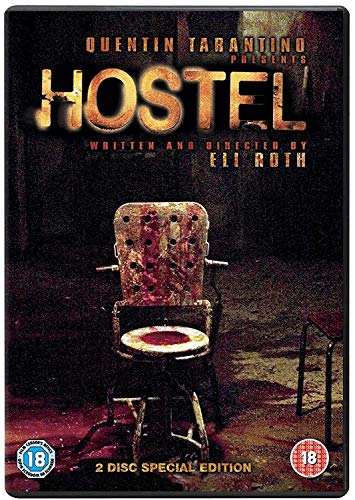 Hostel" DVD cover featuring a blood-splattered chair in a dark room.