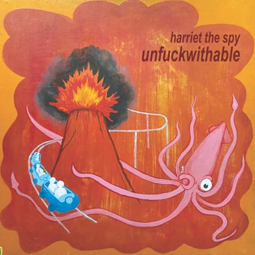 Album cover with a volcano, squid, and roller coaster in red tones.