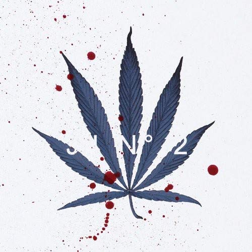 Blue cannabis leaf with red splatters and text "Jj No2".