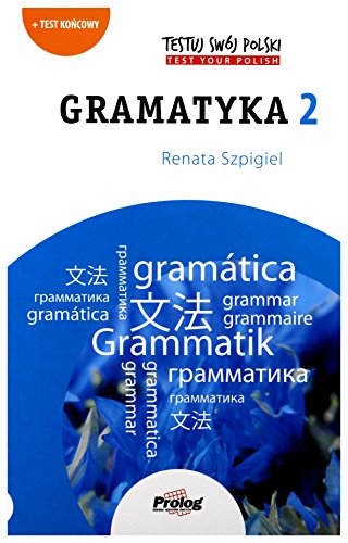 Polish grammar textbook cover, “Testuj Swój Polski Gramatyka 2”, blue and white.
