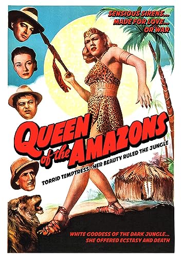 Vintage movie poster for "Queen of the Amazons" featuring a woman in a leopard print outfit.