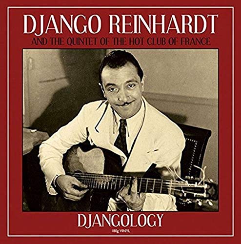 Django Reinhardt playing guitar on a vintage album cover with a red border.