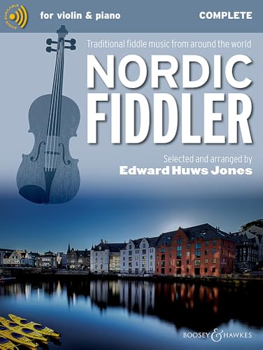 Book cover for “Nordic Fiddler” with a violin and coastal town image.
