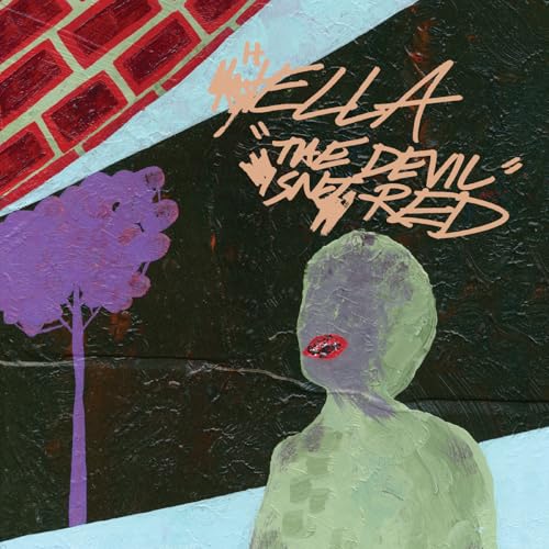 Painted album cover for Hella’s “The Devil Isn’t Red” with figures and trees.