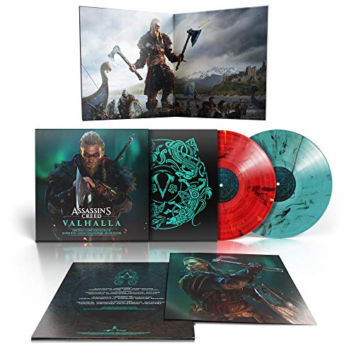 Assassin’s Creed Valhalla vinyl soundtrack with game artwork and colored records.