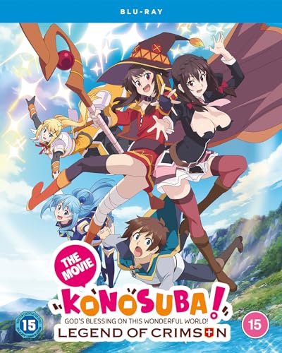 Anime characters from Konosuba flying against a bright sky on a Blu-ray cover.