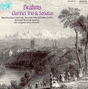 CD cover for Brahms’ Clarinet Trio & Sonatas, landscape background.