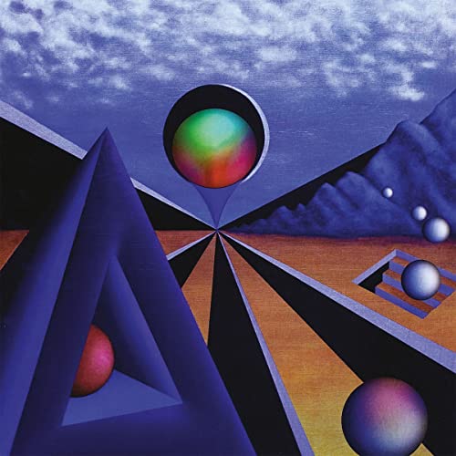 Abstract album cover with geometric shapes, orbs, and a mountainous landscape.