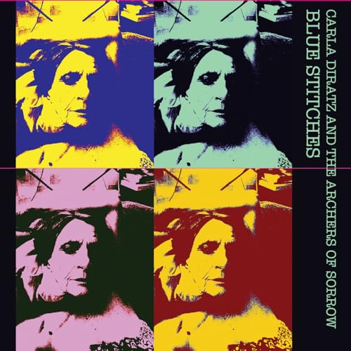 Four-panel portrait of a woman in bold, contrasting colors.