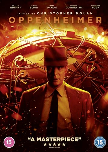 Oppenheimer DVD cover featuring a man in a hat before a large mechanical device.