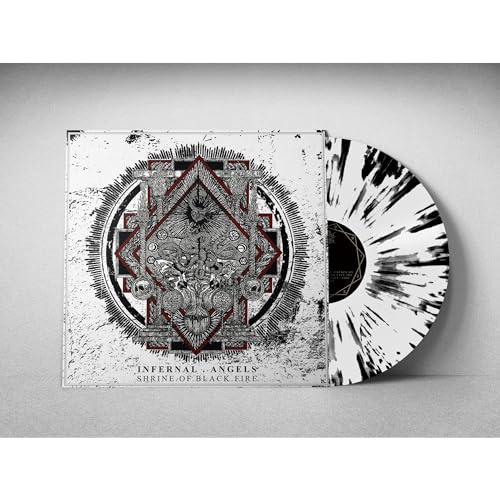 Vinyl record with opaque white and black splatter, ornate cover art.