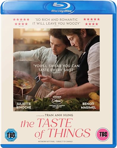 Blu-ray cover for The Taste of Things featuring Juliette Binoche and Benoît Magimel cooking.