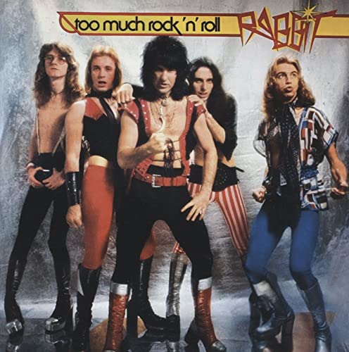 1980s rock band Rabbit album cover, five men posing in edgy outfits.