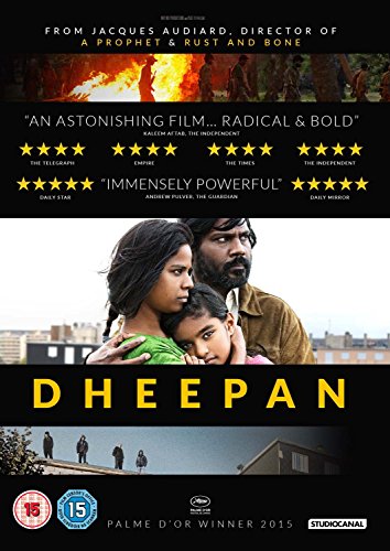 DVD cover for "Dheepan" featuring a family and fiery background.