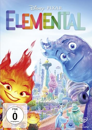 Elemental" DVD cover featuring fire, water characters, and a colorful city.