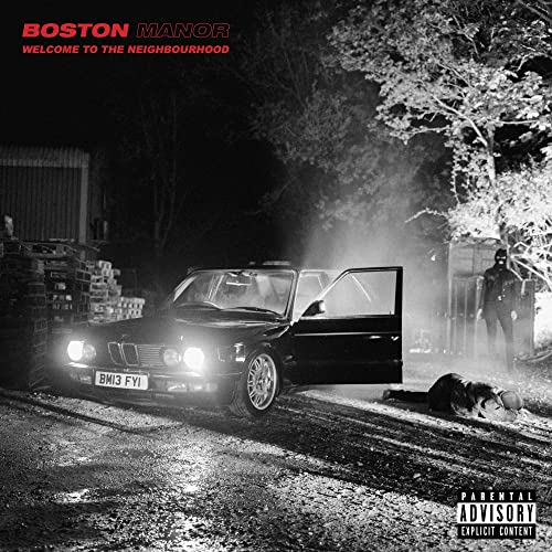 Boston Manor album cover: car with open door, figure in hood, dark scene.