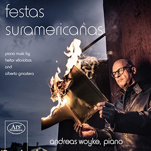 CD cover featuring Andreas Woyke, flames, and text about Villa-Lobos & Ginastera.