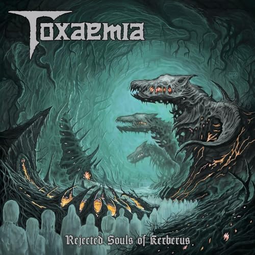 Album cover: dark fantasy art with a three-headed canine skeletal figure.