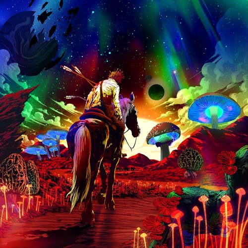 Man on horseback rides through a psychedelic landscape with glowing mushrooms.