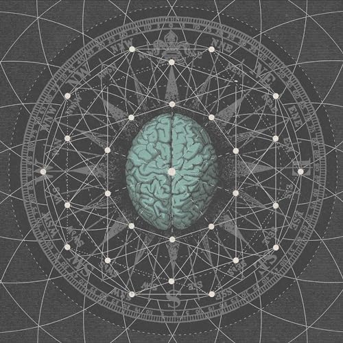 Brain within a compass rose, detailed illustration, dark teal and gray tones.